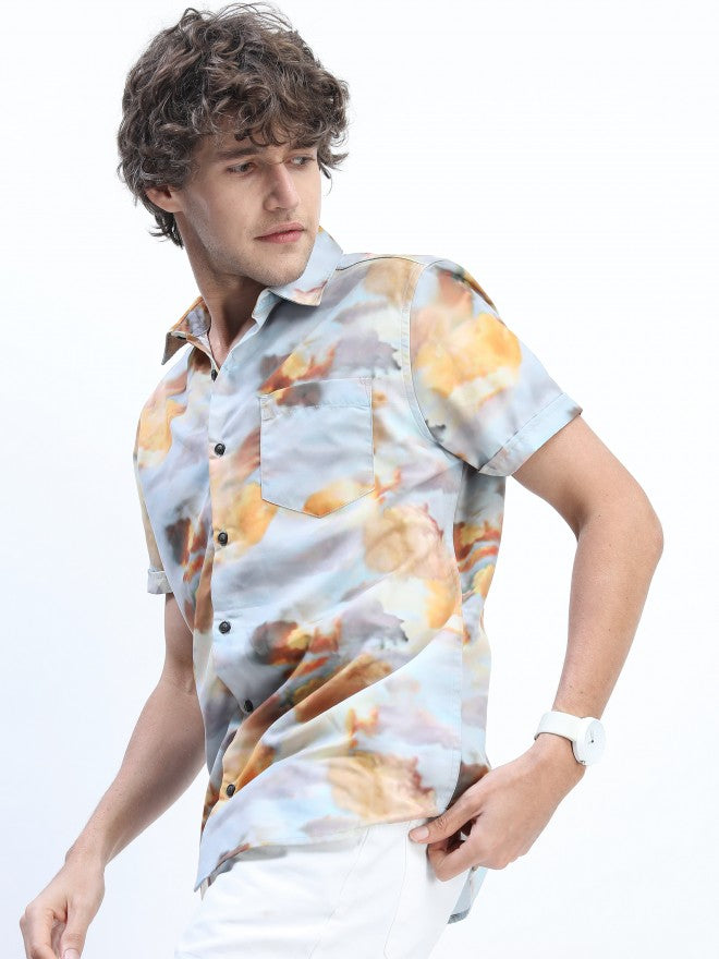 Mens Light Grey Slim Fit Printed Casual Shirt - Grey - Image 2