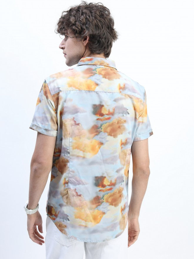 Mens Light Grey Slim Fit Printed Casual Shirt - Grey - Image 3
