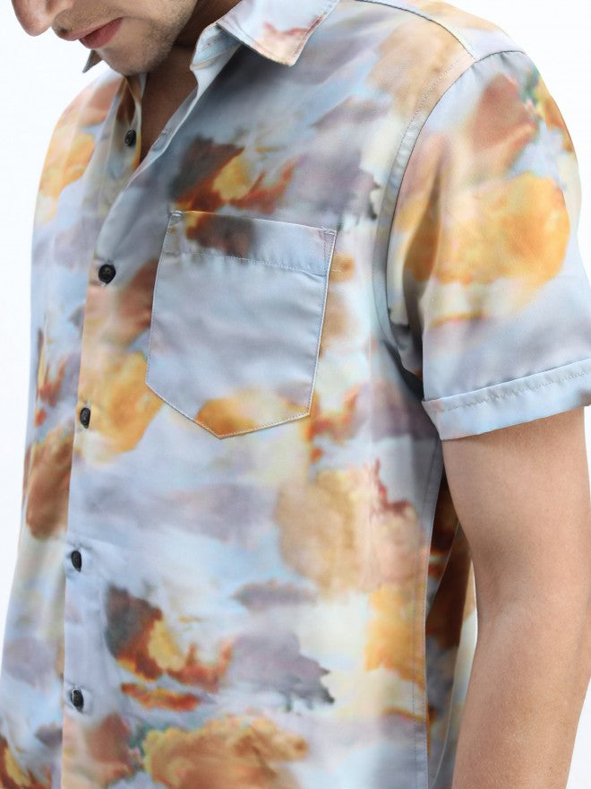 Mens Light Grey Slim Fit Printed Casual Shirt - Grey - Image 4
