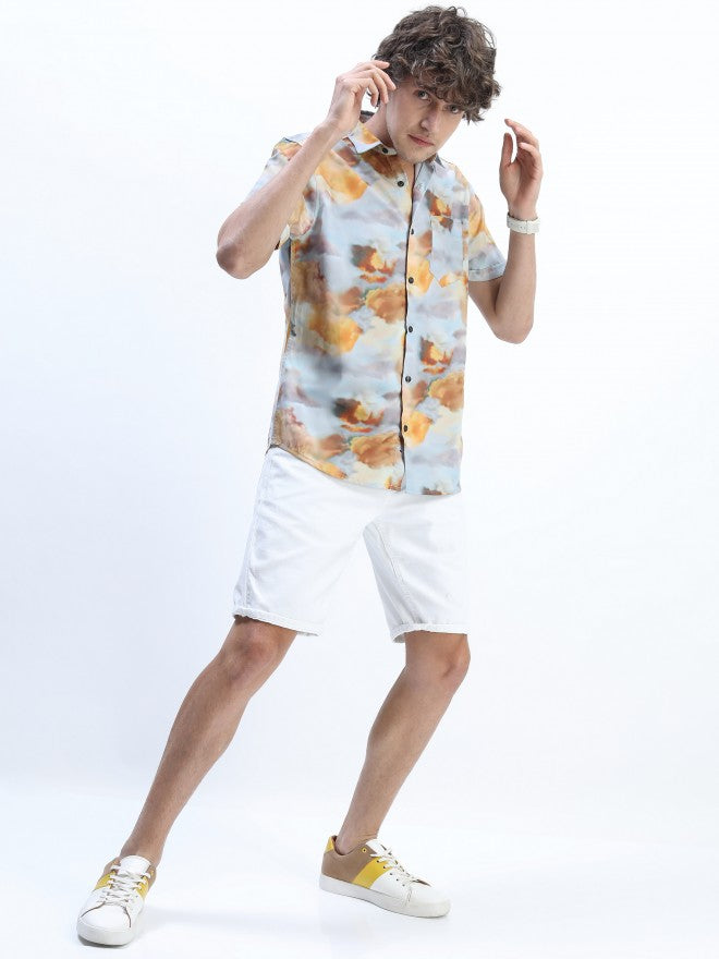 Mens Light Grey Slim Fit Printed Casual Shirt - Grey - Image 5