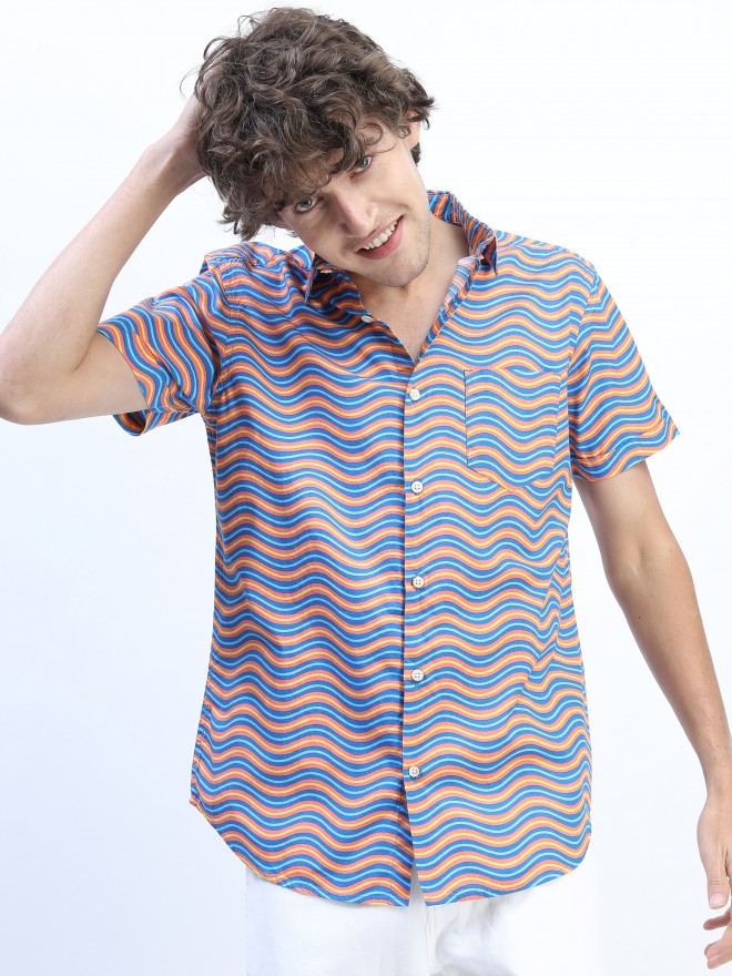 Mens Navy Blue/Peach Slim Fit Printed Casual Shirt - Navy Blue - Image 1