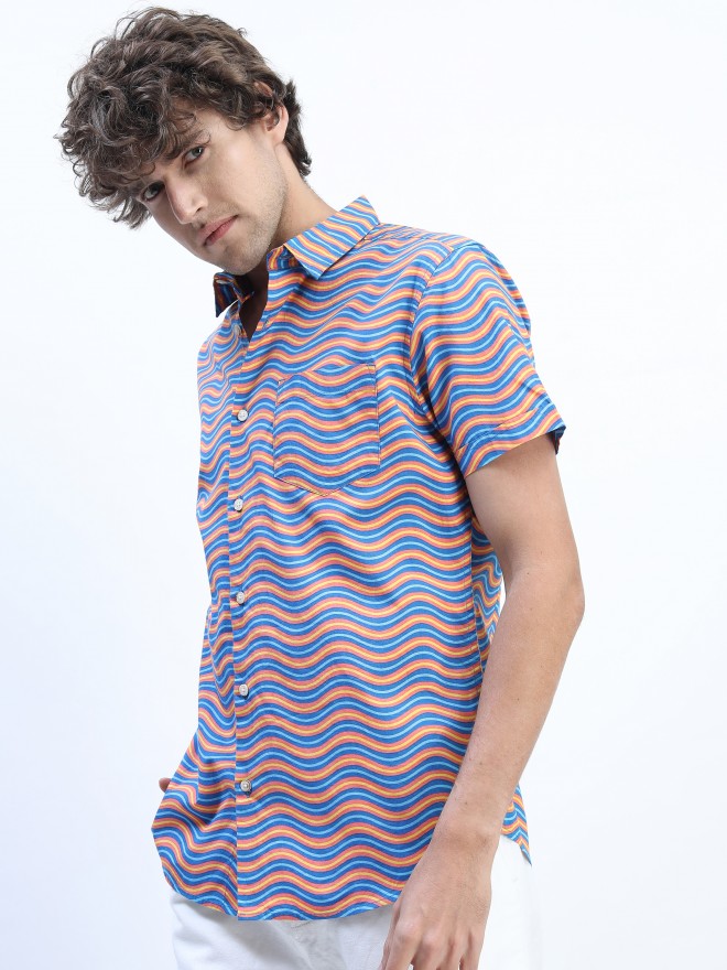 Mens Navy Blue/Peach Slim Fit Printed Casual Shirt - Navy Blue - Image 2
