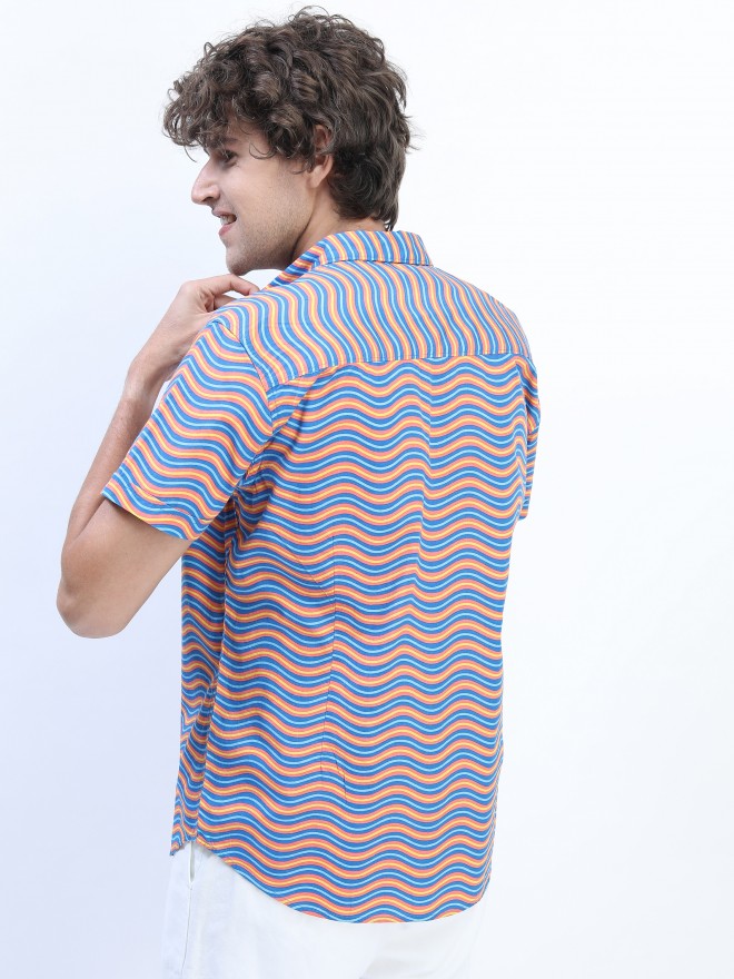 Mens Navy Blue/Peach Slim Fit Printed Casual Shirt - Navy Blue - Image 3