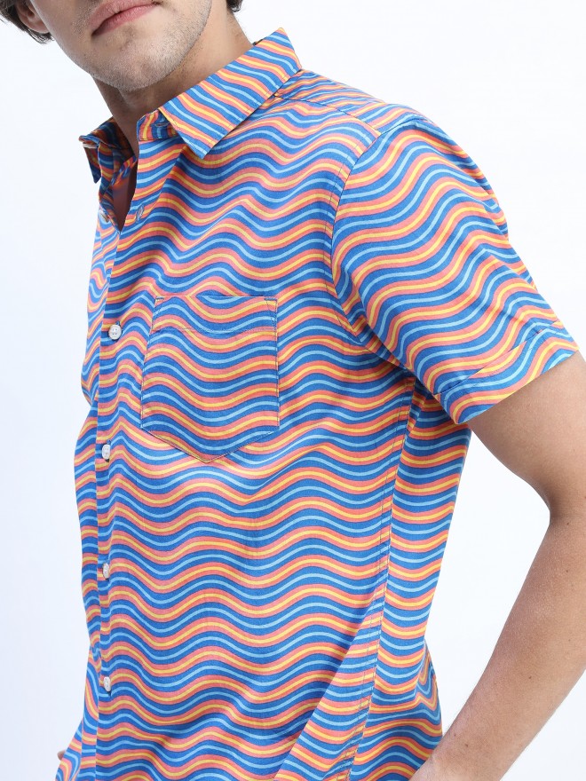 Mens Navy Blue/Peach Slim Fit Printed Casual Shirt - Navy Blue - Image 4