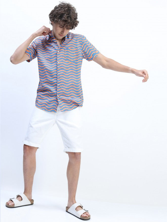 Mens Navy Blue/Peach Slim Fit Printed Casual Shirt - Navy Blue - Image 5