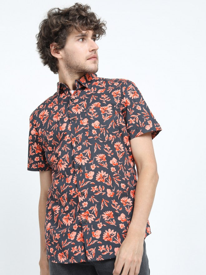Highlander Mens Grey Slim Fit Printed Casual Shirt - Grey - Image 1