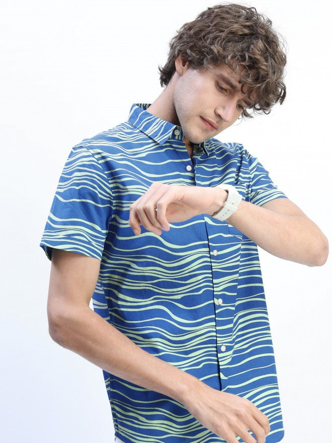 Mens Blue Slim Fit Printed Casual Shirt - Blue - Image 6
