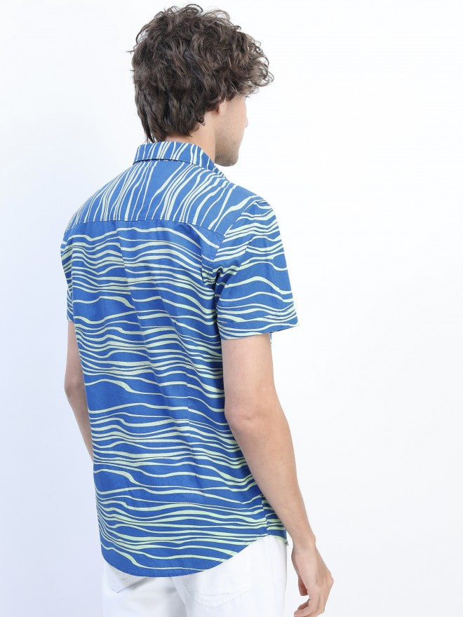 Mens Blue Slim Fit Printed Casual Shirt - Blue - Image 3