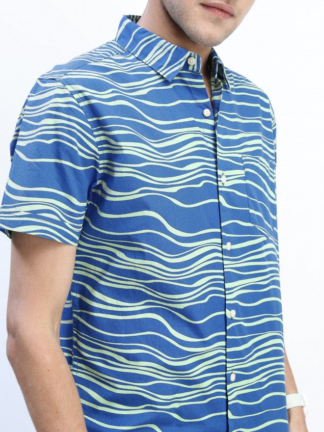 Mens Blue Slim Fit Printed Casual Shirt - Blue - Image 4