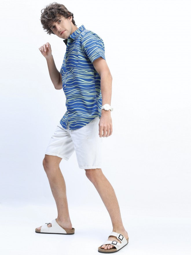 Mens Blue Slim Fit Printed Casual Shirt - Blue - Image 5