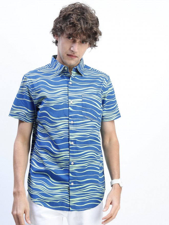 Mens Blue Slim Fit Printed Casual Shirt - Blue - Image 7