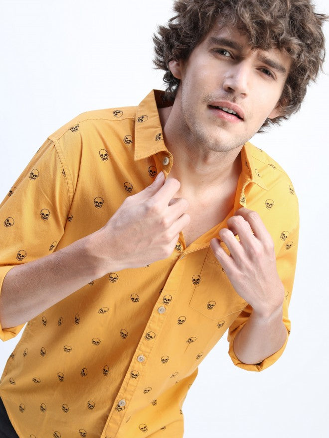 Mens Yellow Slim Fit Printed Casual Shirt - Yellow - Image 1
