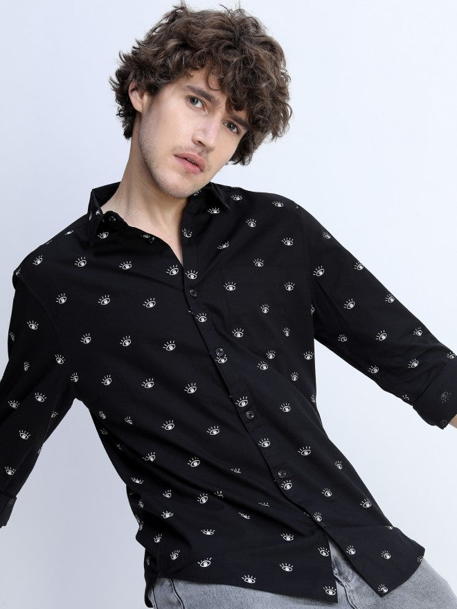 Mens Black Slim Fit Printed Casual Shirt - Black - Image 1