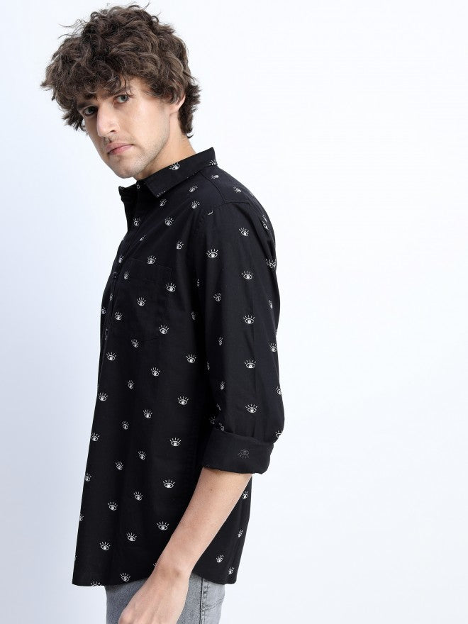 Mens Black Slim Fit Printed Casual Shirt - Black - Image 2