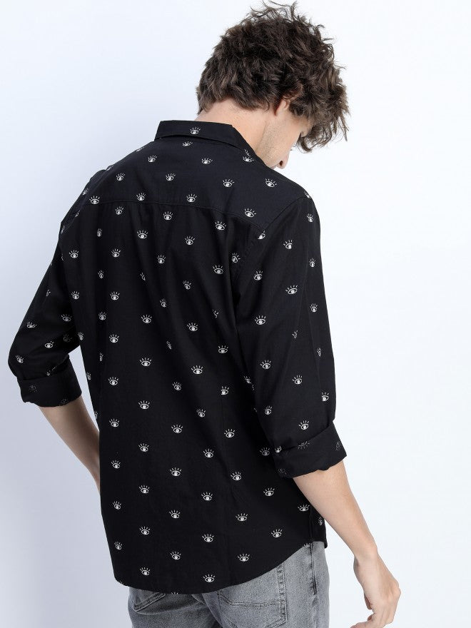 Mens Black Slim Fit Printed Casual Shirt - Black - Image 3