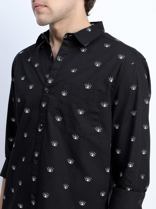 Mens Black Slim Fit Printed Casual Shirt - Black - Image 4