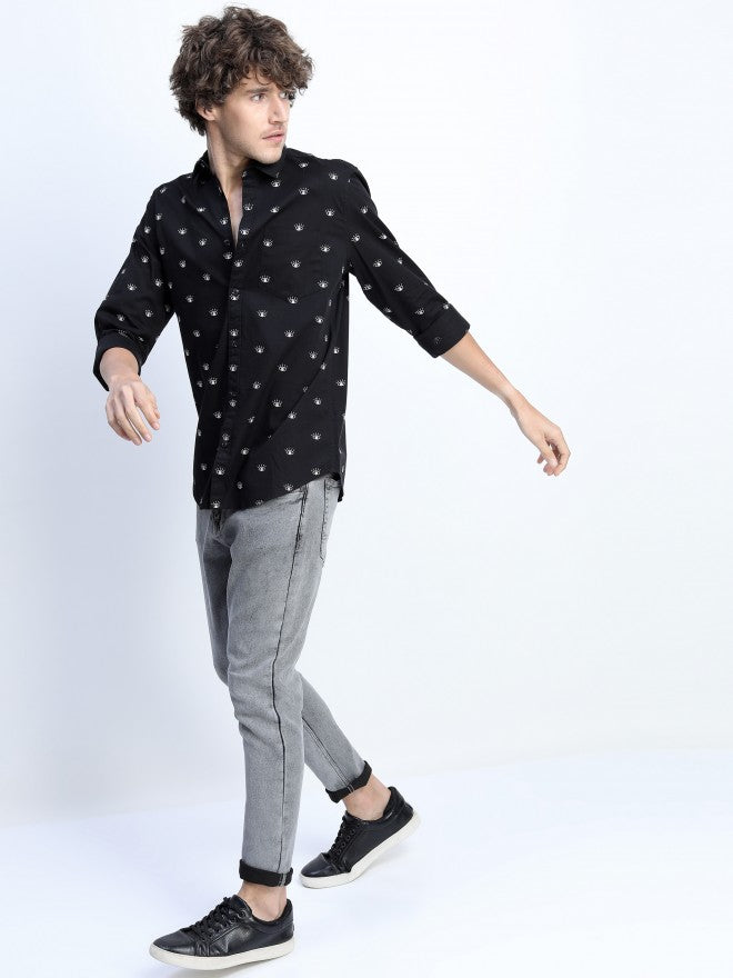 Mens Black Slim Fit Printed Casual Shirt - Black - Image 5