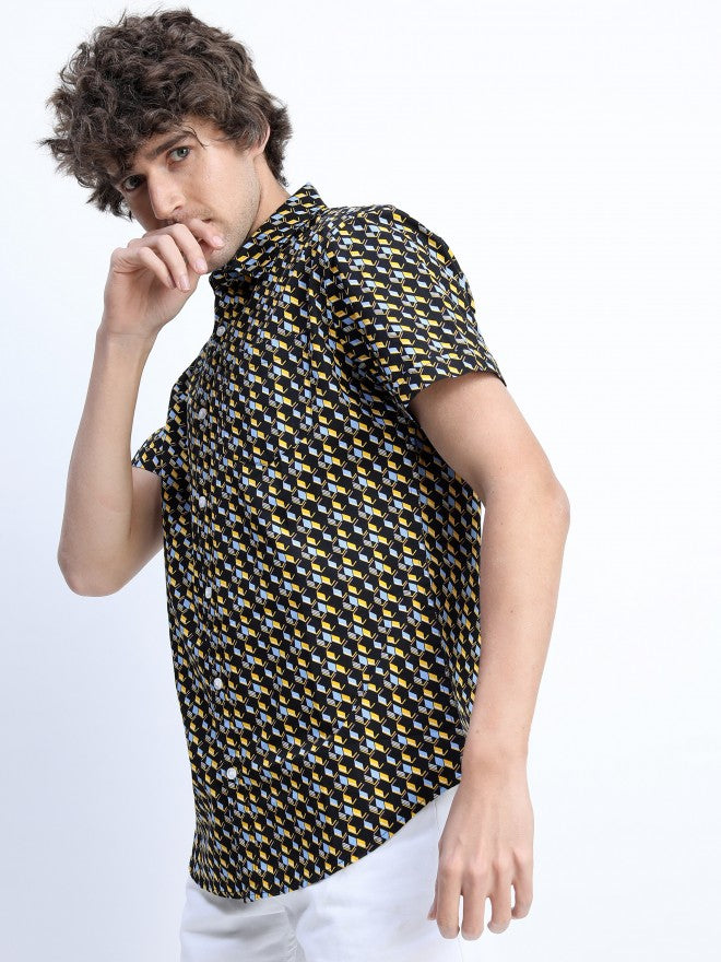Mens Black/Yellow Slim Fit Printed Casual Shirt - Black - Image 1