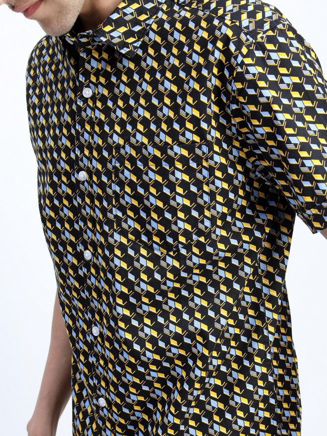 Mens Black/Yellow Slim Fit Printed Casual Shirt - Black - Image 4