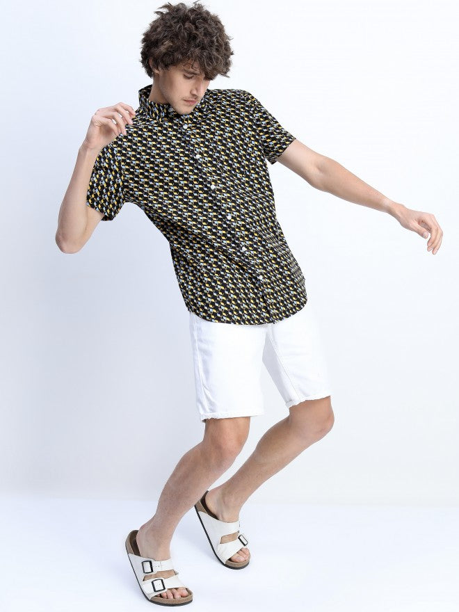 Mens Black/Yellow Slim Fit Printed Casual Shirt - Black - Image 5