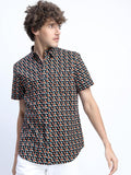 Mens Black/Red Slim Fit Printed Casual Shirt - Black - Image 1