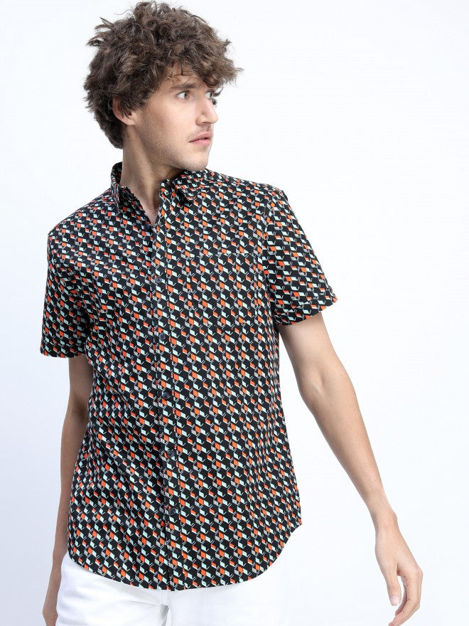 Mens Black/Red Slim Fit Printed Casual Shirt - Black - Image 1