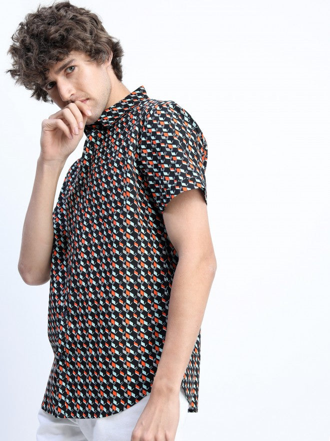 Mens Black/Red Slim Fit Printed Casual Shirt - Black - Image 2