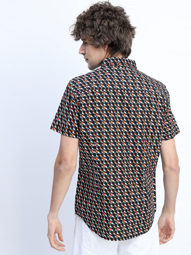 Mens Black/Red Slim Fit Printed Casual Shirt - Black - Image 3
