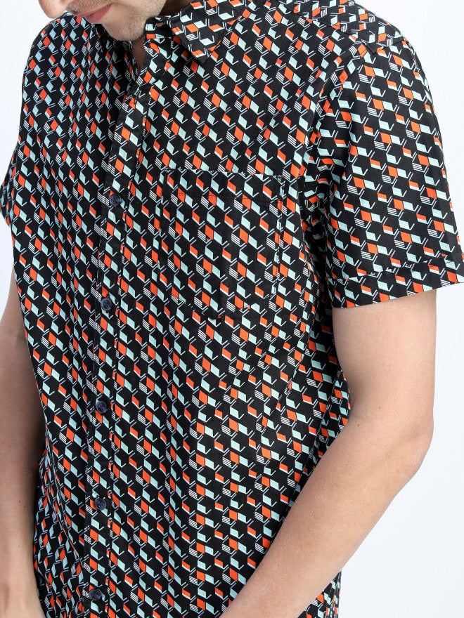 Mens Black/Red Slim Fit Printed Casual Shirt - Black - Image 4