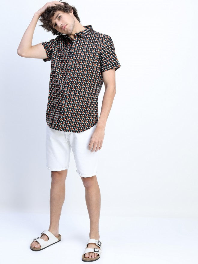 Mens Black/Red Slim Fit Printed Casual Shirt - Black - Image 5