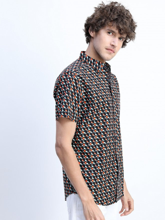 Mens Black/Red Slim Fit Printed Casual Shirt - Black - Image 6