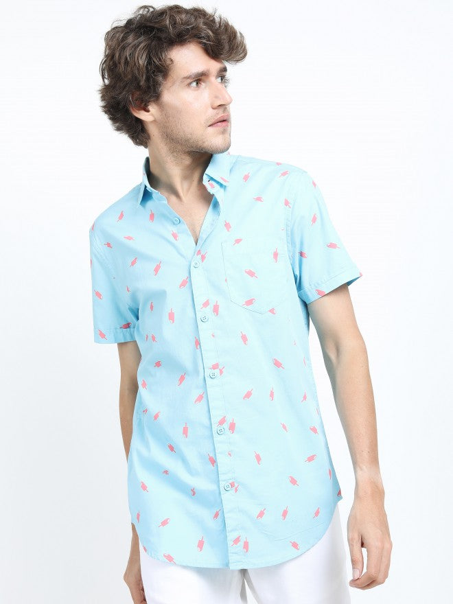 Mens Blue Slim Fit Printed Casual Shirt - Blue - Image 1