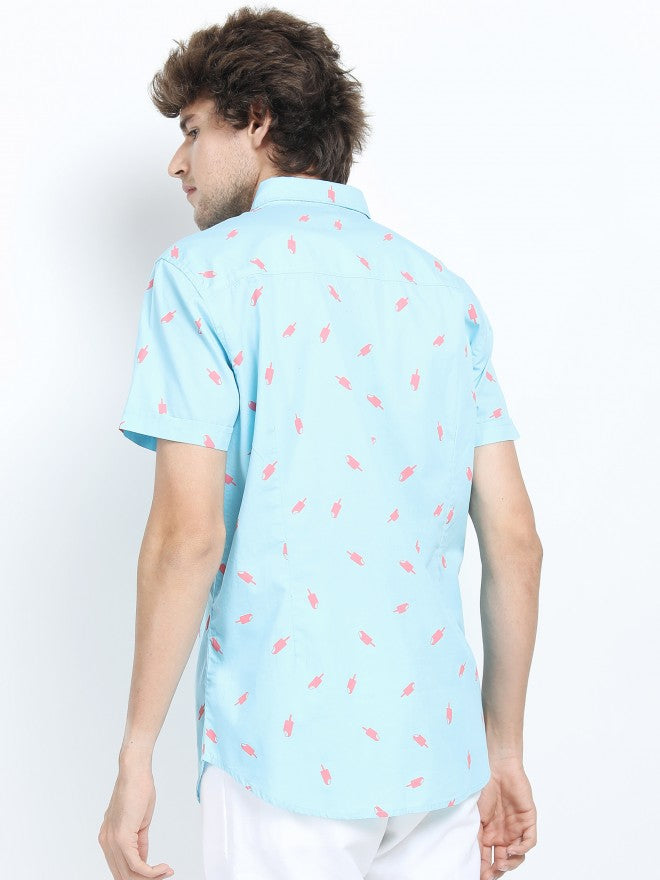 Mens Blue Slim Fit Printed Casual Shirt - Blue - Image 3
