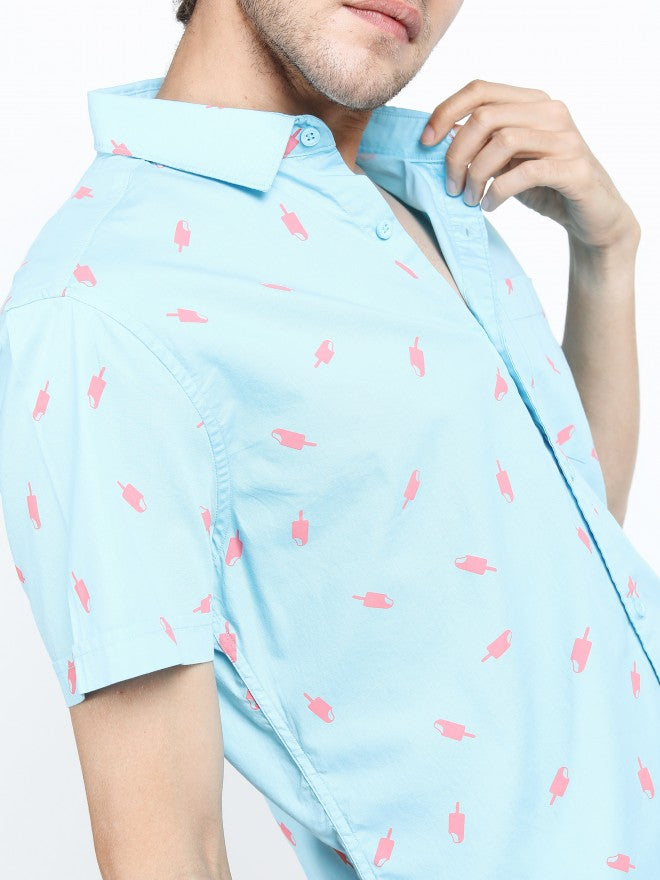 Mens Blue Slim Fit Printed Casual Shirt - Blue - Image 4