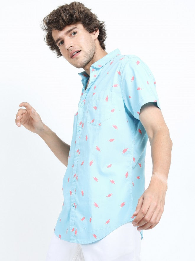 Mens Blue Slim Fit Printed Casual Shirt - Blue - Image 5