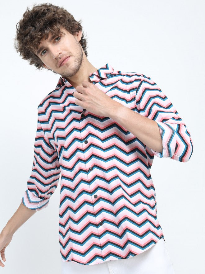 Highlander Mens Pink Slim Fit Printed Casual Shirt - Pink - Image 1