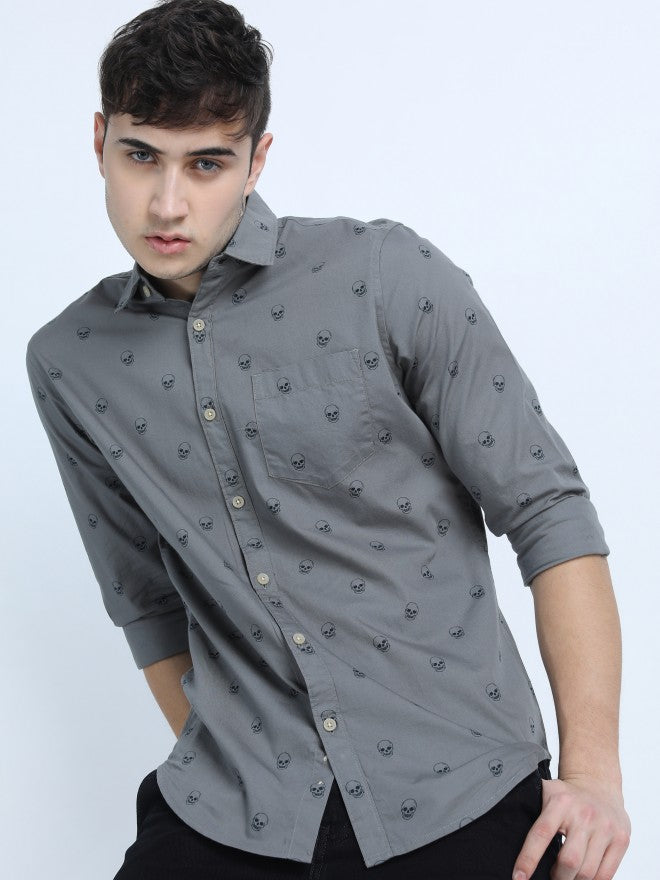 Mens Grey Slim Fit Printed Casual Shirt - Grey - Image 1