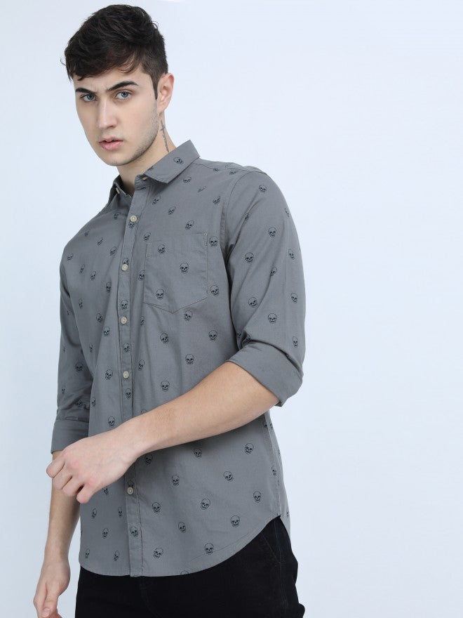 Mens Grey Slim Fit Printed Casual Shirt - Grey - Image 2