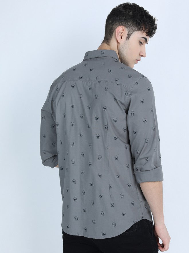 Mens Grey Slim Fit Printed Casual Shirt - Grey - Image 3