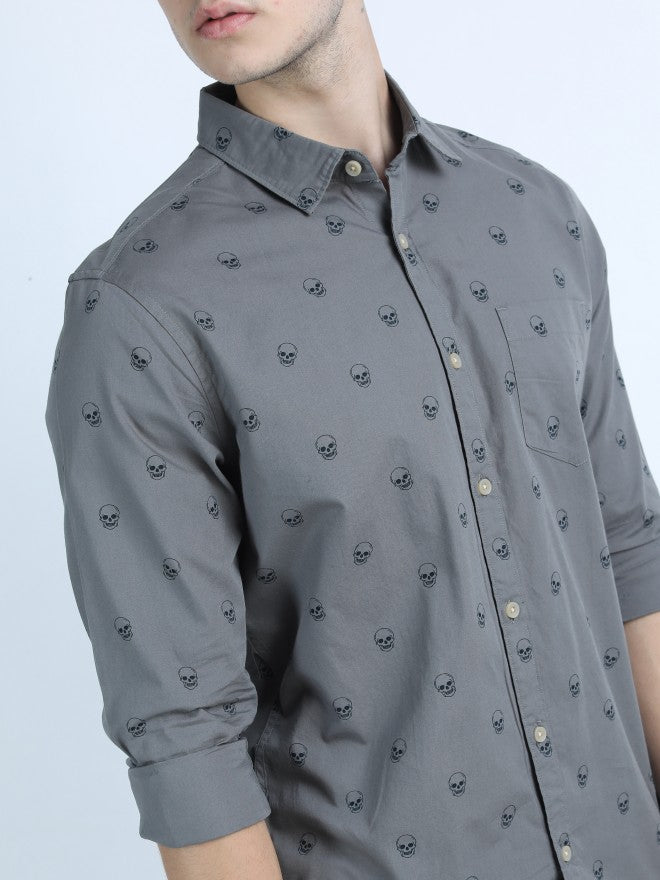 Mens Grey Slim Fit Printed Casual Shirt - Grey - Image 4