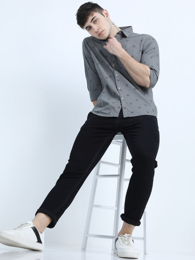 Mens Grey Slim Fit Printed Casual Shirt - Grey - Image 5