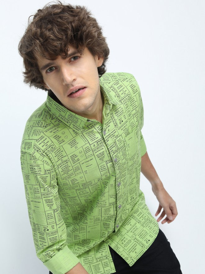 Highlander Mens Green Slim Fit Printed Casual Shirt - Green - Image 1