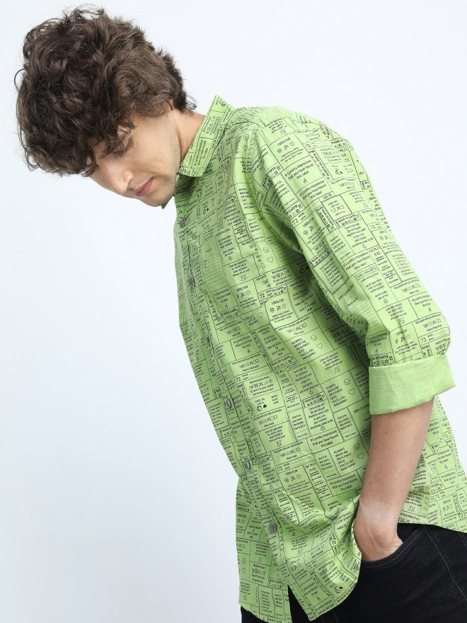 Highlander Mens Green Slim Fit Printed Casual Shirt - Green - Image 2