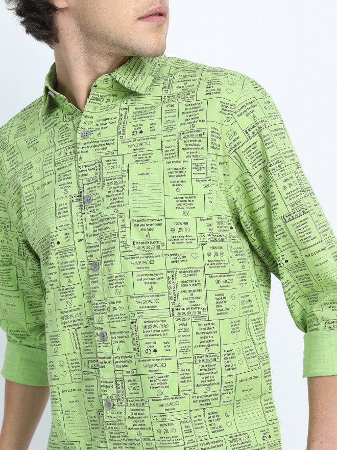 Highlander Mens Green Slim Fit Printed Casual Shirt - Green - Image 4