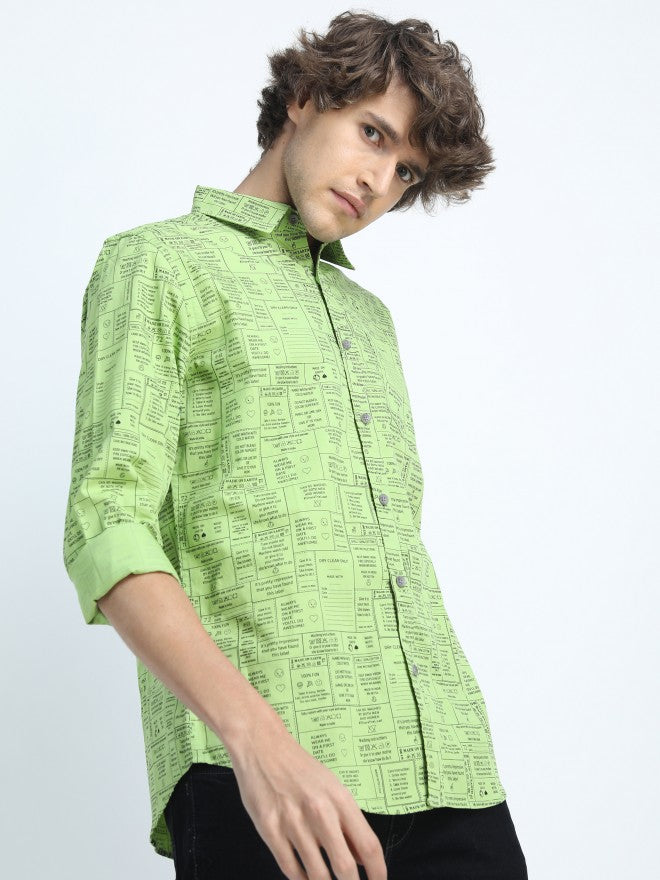 Highlander Mens Green Slim Fit Printed Casual Shirt - Green - Image 6