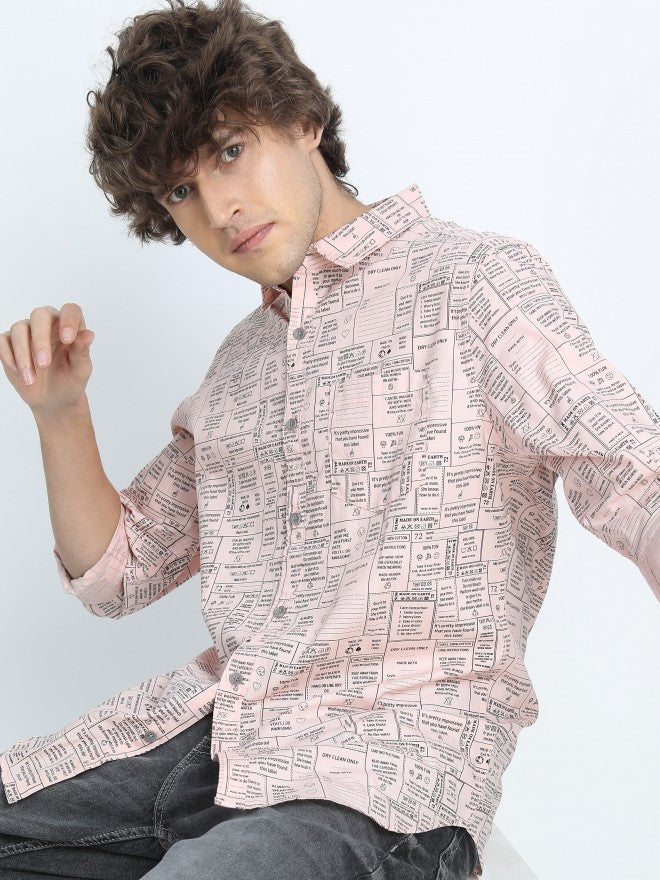 Highlander Mens Light Pink Slim Fit Printed Casual Shirt - Pink - Image 1
