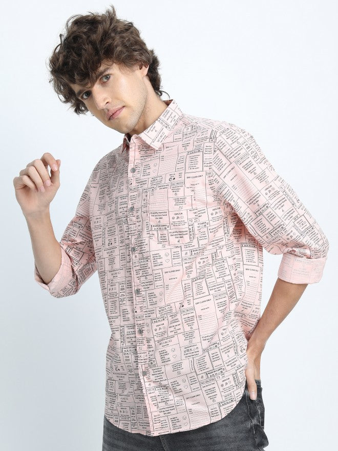 Highlander Mens Light Pink Slim Fit Printed Casual Shirt - Pink - Image 2
