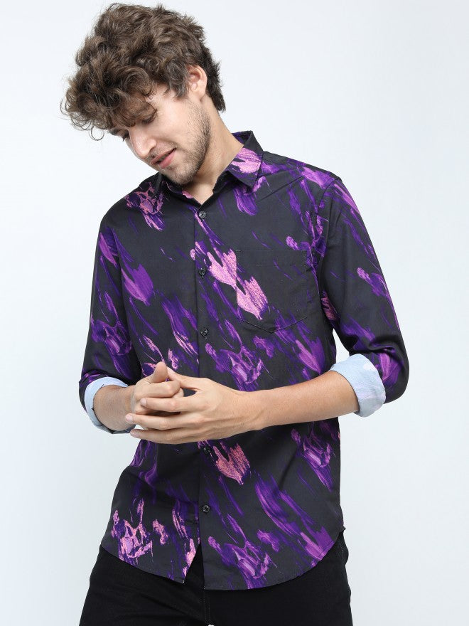 Mens Purple/Pink Slim Fit Printed Casual Shirt - Purple - Image 1