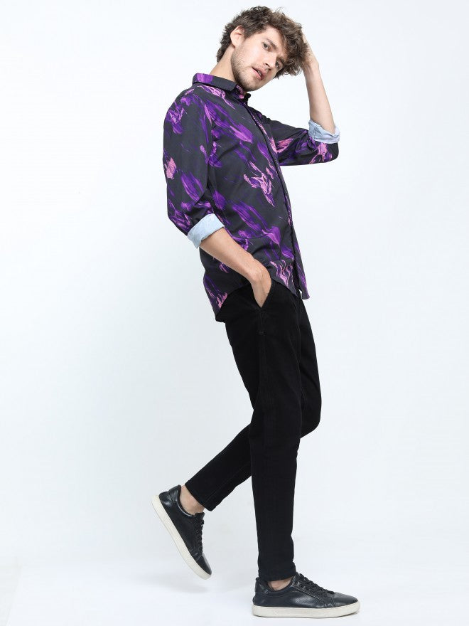 Mens Purple/Pink Slim Fit Printed Casual Shirt - Purple - Image 2