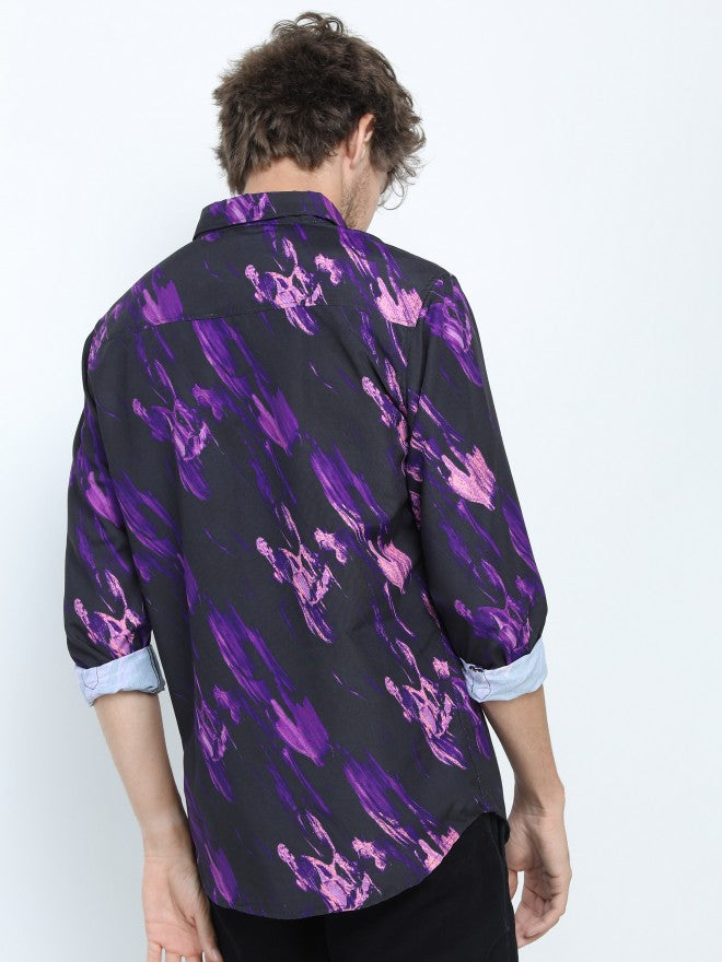 Mens Purple/Pink Slim Fit Printed Casual Shirt - Purple - Image 3